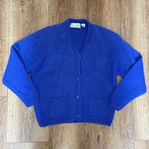 VTG 80s Weathervane Wool Blue Knit Cardigan Sweater Women M Button Front Pockets